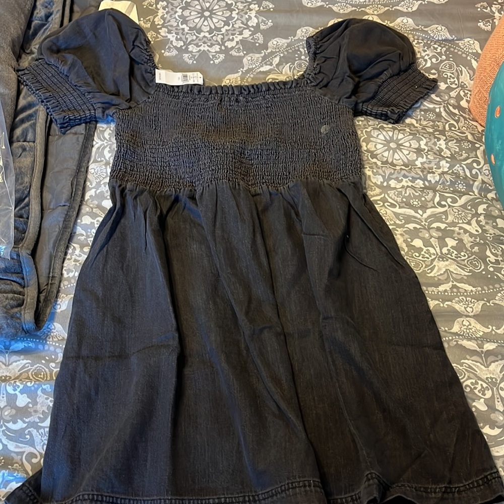 Brand new black denim dress with puff sleeve